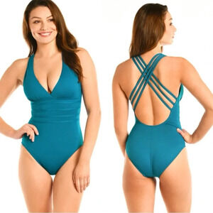 La Blanca Tummy Control Island Goddess One Piece Swimsuit Teal Blue Size 4 NWT